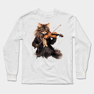 Maine Coon Cat Playing Violin Long Sleeve T-Shirt